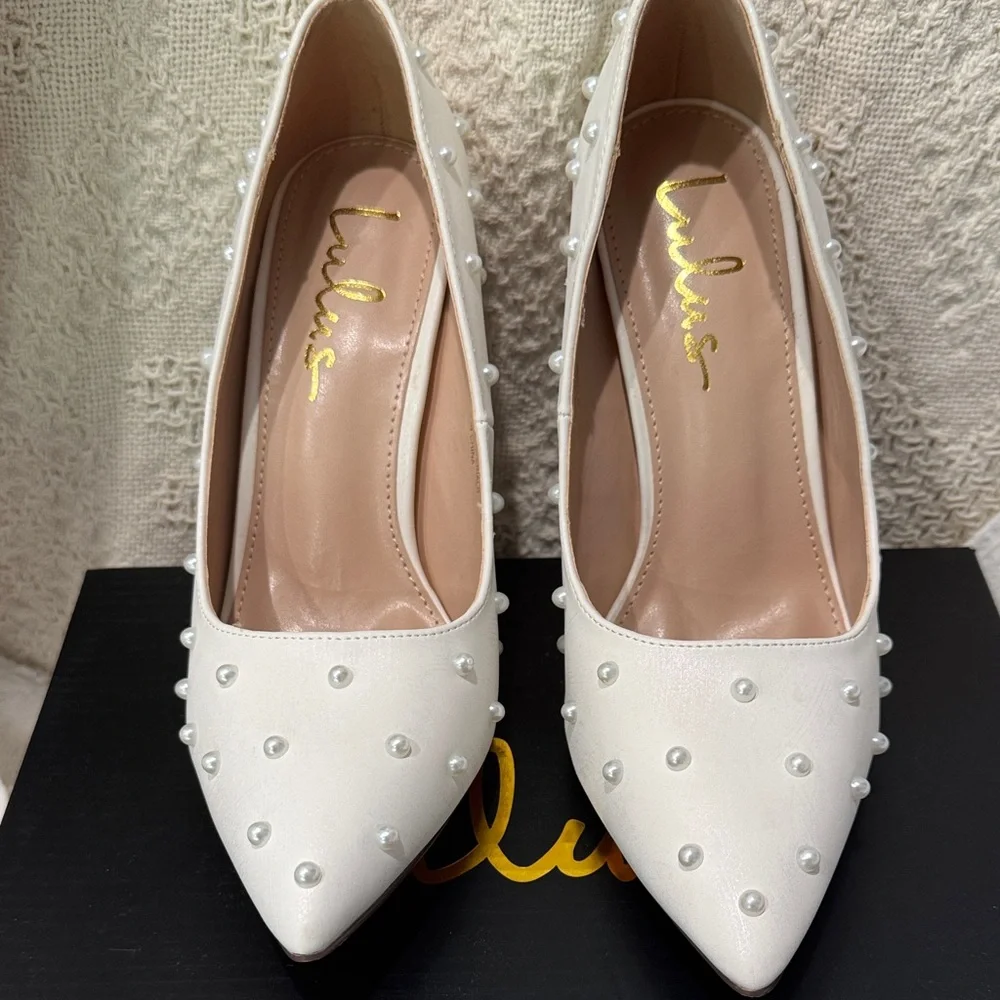 Lulu's White Pearl-Embellished Pointed Toe Stiletto Heels